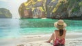 Generative AI Traveler Asian woman in summer dress joy relaxing on sunny beach Maya bay Phi Phi island Krabi Trave