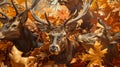 Generative AI Trophies of red deer and European elk in the traditional layout in oak leaves after hunting for roar Royalty Free Stock Photo