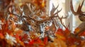 Generative AI Trophies of red deer and European elk in the traditional layout in oak leaves after hunting for roar Royalty Free Stock Photo