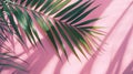 Generative AI Tropical palm leaf on pink background Flat lay top view business concept. Royalty Free Stock Photo