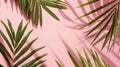 Generative AI Tropical palm leaf on pink background Flat lay top view business concept. Royalty Free Stock Photo
