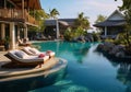 Generative AI. Tropical resort with pool. Hotel and spa for holiday and relaxation. Space of tranquility and calm Royalty Free Stock Photo