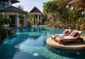 Generative AI. Tropical resort with pool. Hotel and spa for holiday and relaxation. Space of tranquility and calm Royalty Free Stock Photo