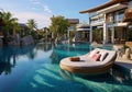 Generative AI. Tropical resort with pool. Hotel and spa for holiday and relaxation. Space of tranquility and calm Royalty Free Stock Photo