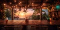 Generative AI, Tropical summer sunset beach bar background. Outdoor restaurant, Led light candles and wooden tables Royalty Free Stock Photo