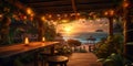 Generative AI, Tropical summer sunset beach bar background. Outdoor restaurant, Led light candles and wooden tables
