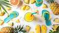 Generative AI Tropical summer vacation concept with pineapple juice and flip flops organized on white background V Royalty Free Stock Photo