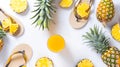 Generative AI Tropical summer vacation concept with pineapple juice and flip flops organized on white background V Royalty Free Stock Photo