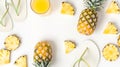Generative AI Tropical summer vacation concept with pineapple juice and flip flops organized on white background V Royalty Free Stock Photo