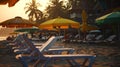 Generative AI Tropical sunny beach party at Sunset with Sun umbrellas and lounge chairs in GOA India business conc