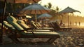 Generative AI Tropical sunny beach party at Sunset with Sun umbrellas and lounge chairs in GOA India business conc