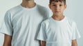 Generative AI Tshirt design fashion concept closeup of man and boy in blank white tshirt shirt front end rear isol