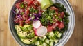 Generative AI Tuna poke bowl with avocado cucumbers wakame radish and purple cabbage a healthy Hawaiian dish with