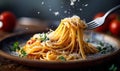 Twirling Spaghetti on a Fork Over a Rustic Plate, Fine Dining Italian Pasta with Sprinkling Parmesan Cheese, Dark Moody Food Royalty Free Stock Photo