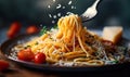 Twirling Spaghetti on a Fork Over a Rustic Plate, Fine Dining Italian Pasta with Sprinkling Parmesan Cheese, Dark Moody Food Royalty Free Stock Photo