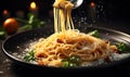 Twirling Spaghetti on a Fork Over a Rustic Plate, Fine Dining Italian Pasta with Sprinkling Parmesan Cheese, Dark Moody Food Royalty Free Stock Photo