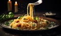 Twirling Spaghetti on a Fork Over a Rustic Plate, Fine Dining Italian Pasta with Sprinkling Parmesan Cheese, Dark Moody Food Royalty Free Stock Photo