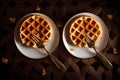 Two beautiful appetizing golden crispy waffles lie on 1690447838382 2