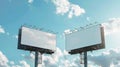 Generative AI Two blank white billboards or large displays on tower and clouds against blue sky  mock up image Moc Royalty Free Stock Photo