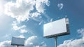 Generative AI Two blank white billboards or large displays on tower and clouds against blue sky  mock up image Moc Royalty Free Stock Photo
