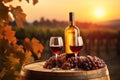 Generative AI Two glasses of red wine stand on a wooden barrel next to a bunch of red grapes and a bottle. Advertising Royalty Free Stock Photo