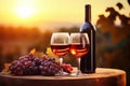 Generative AI Two glasses of red wine stand on a wooden barrel next to a bunch of red grapes and a bottle. Advertising Royalty Free Stock Photo