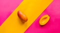 Generative AI Two ripe and juicy mango halves on a hot pink and bright yellow background Contemporary flat lay bus