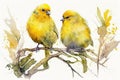 Generative AI. Two yellow birds, canaries. Watercolor illustration. Isolated on a white background