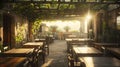 Generative AI Typical Italian rooftop restaurant wooden tables in Tuscany with covered roof pergola vine canopy wi Royalty Free Stock Photo