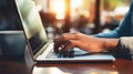 Generative AI, Typing on keyboard closeup, shot hands using laptop computer Royalty Free Stock Photo