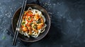 Generative AI Udon stirfry noodles with chicken meat and sesame in bowl on dark stone background copy space busine