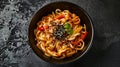 Generative AI Udon stirfry noodles with chicken meat and sesame in bowl on dark stone background copy space busine