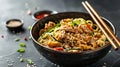 Generative AI Udon stirfry noodles with chicken meat and sesame in bowl on dark stone background copy space busine