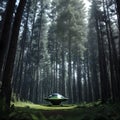 Generative AI UFO on ground in the forest