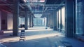 Generative AI An under construction office building interior. A huge hall with panoramic windows being constructed Royalty Free Stock Photo