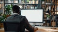 Generative AI Unrecognizable black businessman using computer with empty blank screen sitting at workplace in offi