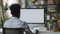 Generative AI Unrecognizable black businessman using computer with empty blank screen sitting at workplace in offi