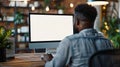 Generative AI Unrecognizable black businessman using computer with empty blank screen sitting at workplace in offi