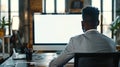 Generative AI Unrecognizable black businessman using computer with empty blank screen sitting at workplace in offi