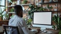 Generative AI Unrecognizable black businessman using computer with empty blank screen sitting at workplace in offi
