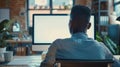 Generative AI Unrecognizable black businessman using computer with empty blank screen sitting at workplace in offi