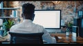 Generative AI Unrecognizable black businessman using computer with empty blank screen sitting at workplace in offi