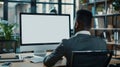 Generative AI Unrecognizable black businessman using computer with empty blank screen sitting at workplace in offi