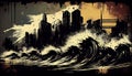Generative AI, Urban Tsunami: A Dynamic Grunge Background of Bold Wave-like Shapes and Gritty Textures