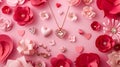 Generative AI Valentines day flat lay Stylish pink and red hearts composition with flowers and heart necklace on p