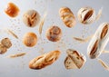 Generative AI Various types of bread, ears of wheat flying on gray background. Classic wheat round bread, baguette