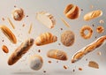 Generative AI Various types of bread, ears of wheat flying on gray background. Classic wheat round bread, baguette Royalty Free Stock Photo