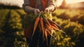 Generative AI, vegetables in the hands of a woman farmer in the garden, carrots from the ground