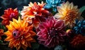 Vibrant Dahlia-Like Flowers in Full Bloom, a Rich Tapestry of Multicolored Petals Creating a Mesmerizing Floral Arrangement