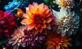Vibrant Dahlia-Like Flowers in Full Bloom, a Rich Tapestry of Multicolored Petals Creating a Mesmerizing Floral Arrangement